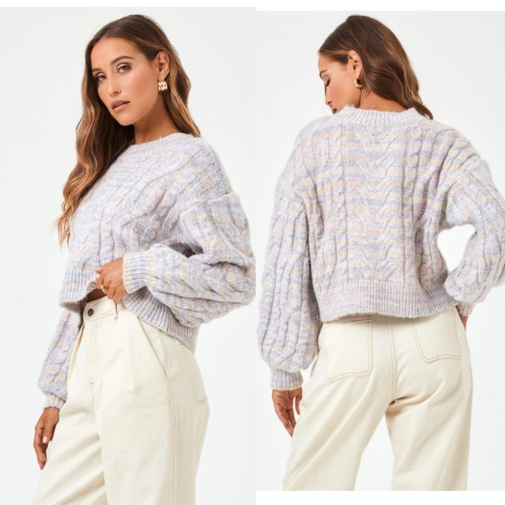 L*Space Pastel Cable Knit Sweater Cropped Balloon Sleeve Chunky Cozy
